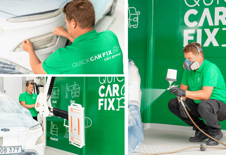 Quick Carfix En mand i grøn skjorte maler en bil.